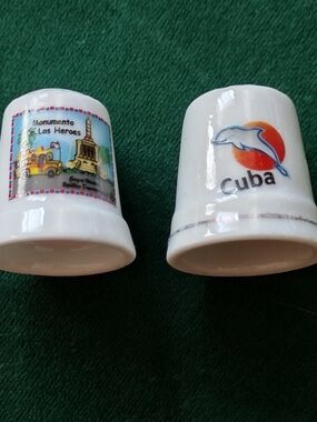 Set of 2 White Ceramic Souvenir Thimbles  Cuba and Dominican Republic
